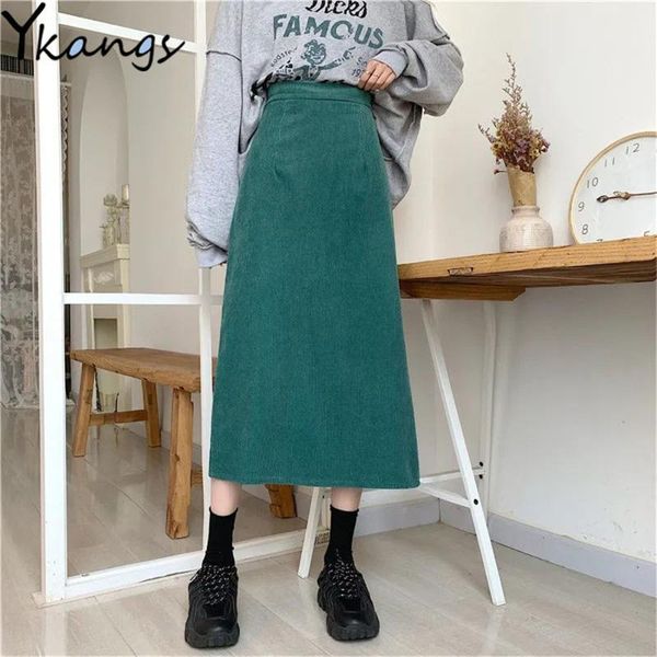 

skirts vintage green corduroy a-line skirt women's high waist straight with slit 2021 autumn korean ladies girls long, Black