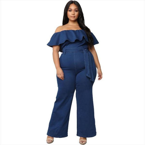 

off shoulder ruffles denim women romper with belt jeans one piece overall fashion, Black;white