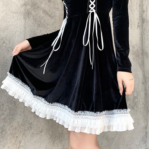 

goth lolita black bandage dress vintage lace patchwork long sleeve high waist dress women aesthetic elegant mini dresses, Black;gray