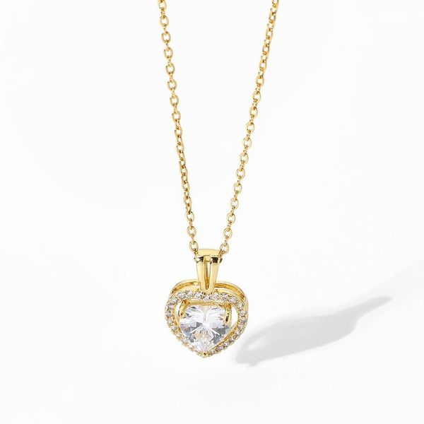 

pendant necklaces shiny double hollow heart shape zircon cooper necklace for women stainless steel o chain choker, Silver