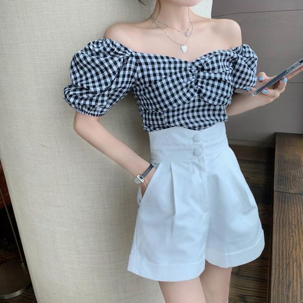 

summer 2021 new woman hepburn wind a piece chess white shoulder high waist shorts from two suit parts. female tmil, Gray