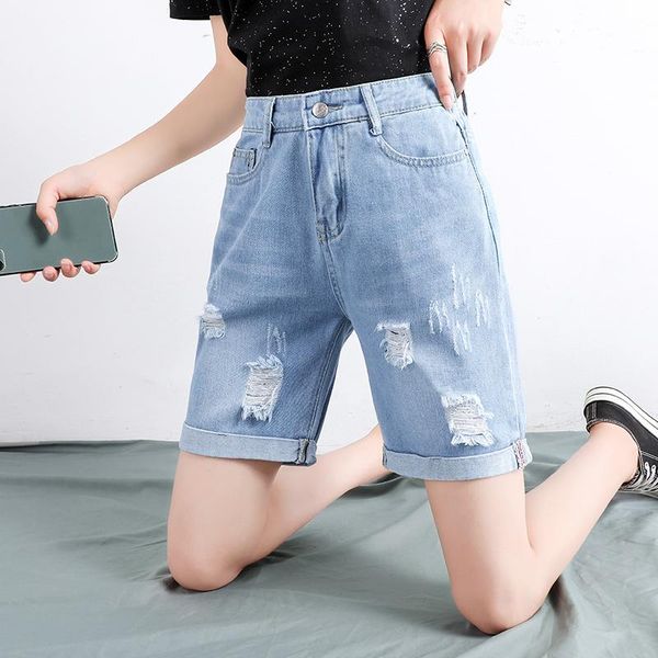 Damen-Shorts, Übergröße, Sommer, gewaschener Denim, ausgefranste Distressed-Löcher, hohe Taille, trendige Vintage-Jeans, entspannte Passform