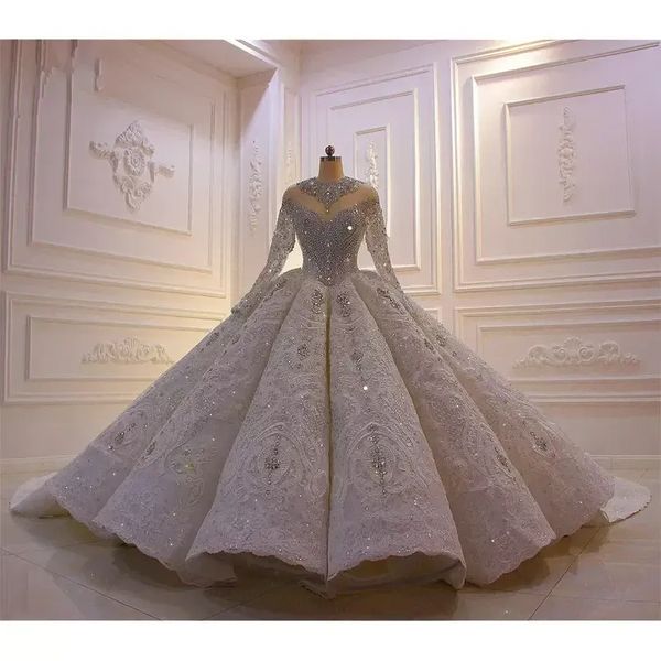 Luxus-Ballkleid-Hochzeitskleider mit langen Ärmeln, echte Bilder, Saudi-Arabien, Dubai, Plus-Size-Brautkleid, Kathedralenzug