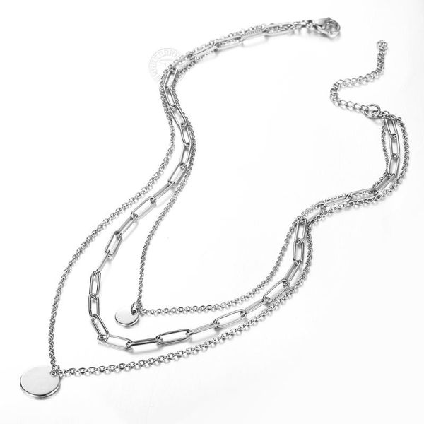 

pendant necklaces stainless steel multi layered choker necklace for women rolo box link chain coin medallion charm fashion wholesale dn268a, Silver