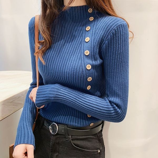 

women's pullover new solid plus warm button half turtleneck knit sweater jumper casual female clothing winter 2021 ibzy, White