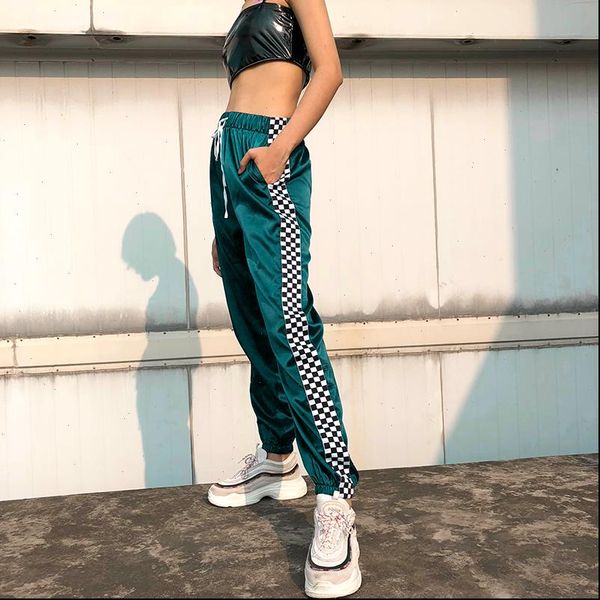 

new european station checkerboard stitching fashion casual pants cotton europe and america street harlan feet pants female tide, Black;white