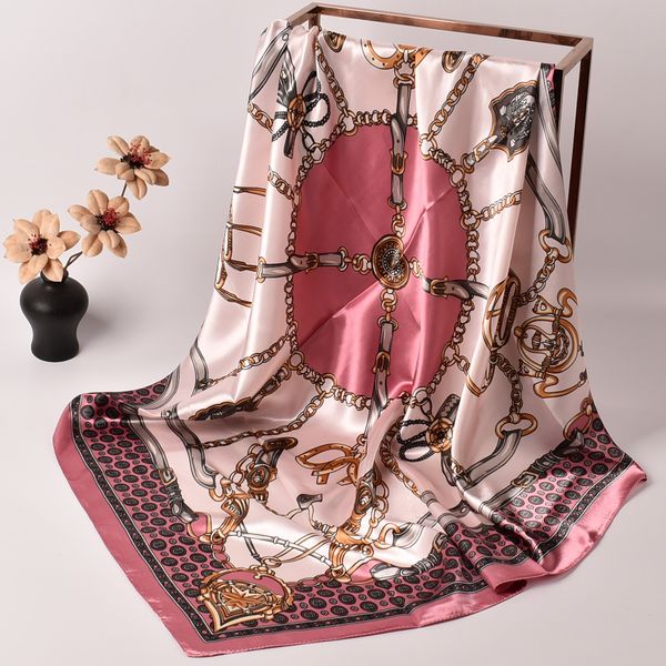 

2021 autumn/winter women's fashion new chain scarves 90*90 satin scarves, Blue;gray
