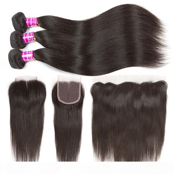

10a brazilian straight virgin hair bundles with frontal ear to ear human hair wefts with lace closures natural color remy hair extensions, Black;brown
