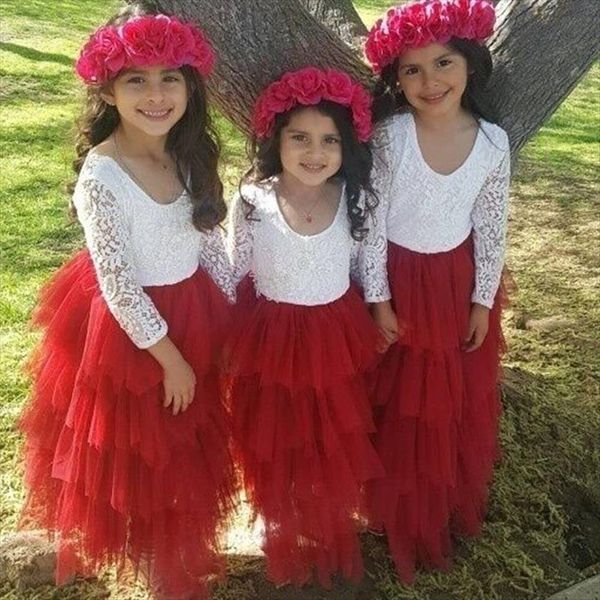 

toddler kids baby girls girl dresses summer white long sleeve party prom pageant dancing frocks lace tutu layered dress, Red;yellow