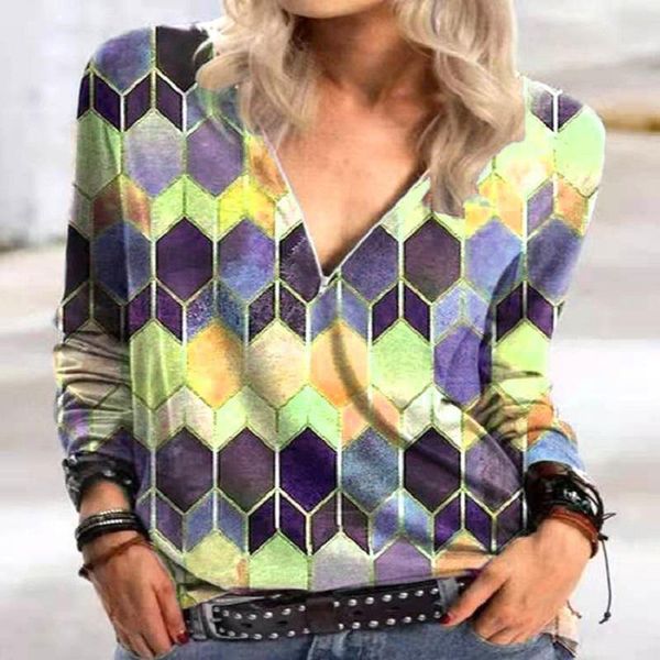 

women's blouses & shirts shirt vintage rhombus print button blouse spring elegant turn-down collar office casual loose blusas, White