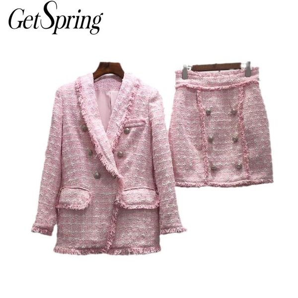 

getspring women set coat skirt s vintage pink woolen coats high waist short skirts fashion 2 piece 210601, White
