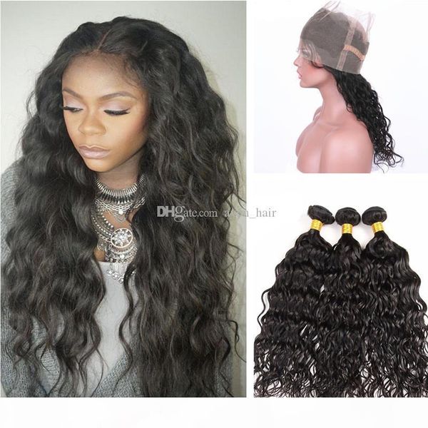 

water wave pre plucked 360 lace band frontal with hair weaves wat and wavy hair bundles with lace frontal 22.5x4x2, Black;brown