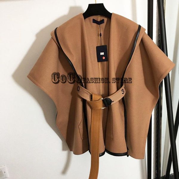 

women's wool & blends luxury design 21 high end women clothes letter jacquard belt coat trenchcoat vintage shawl female capes ponchos a, Black