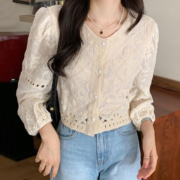

women's blouses & shirts women shirt 2021 summer korean fashion gentle openwork embroidery crochet single-breasted loose long-sleeved, White