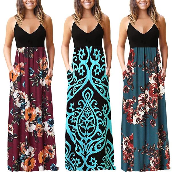 

casual dresses women's pockets dress elegent v-neck sling maxi summer sleeveless chiffon beach party long robe vestidos, Black;gray