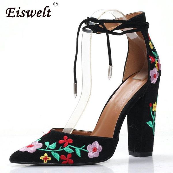 

dress shoes eiswelt summer women pumps ladies high heels pointed toe lace up solid cross-tie female fashion, Black