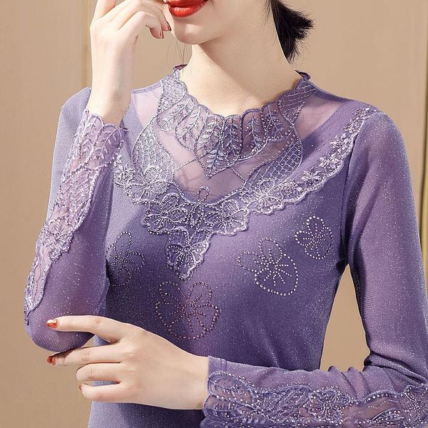 

women's blouses & shirts women 2021 autumn -4xl o-neck lace bottoming shirt female long-sleeved mesh plus size clothing patchwork flo, White