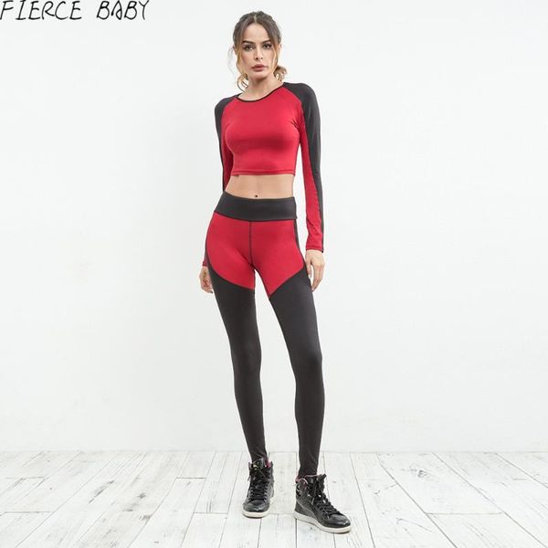 

2pcs women yoga sets fitness sport long sleeves sportswear yoga pants legging gym running sport set women clothing, White;red
