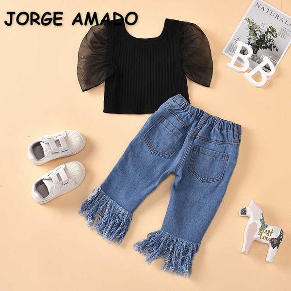 

wholesale summer girl 2-pcs sets black puff short sleeve shirts + hole tassel pearl jeans kids outfits e1789 210610, White