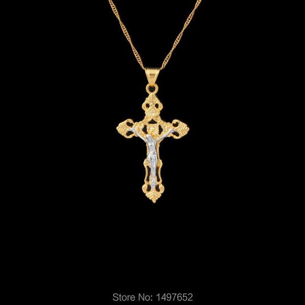 Anhänger Halsketten Adixyn Jesus Kreuz Halskette Für Frauen Männer Gold Farbe Mode INRI Kruzifix Schmuck Mit 45 cm 60 cm kette