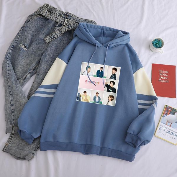 

kpop hoodies women korean bangtan boys dynamite sweatshirt casual fleece contrast patchwork hooded sweat shirt fans clothes, Black