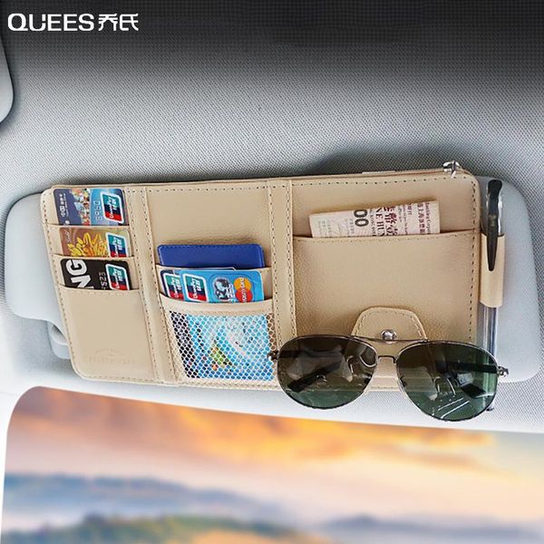 

car organizer quees sun visor storage bag hanging multifunctional business card holder glasses frame zipper leather accessories
