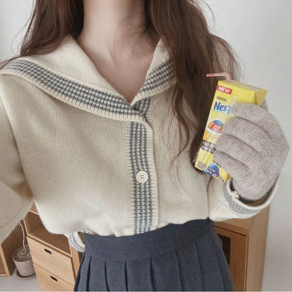 

2021 autumn new korean preppy style loose sweet faculty simple short cardigan student coat navy v-collar sweater knitted-out aaaw, White;black