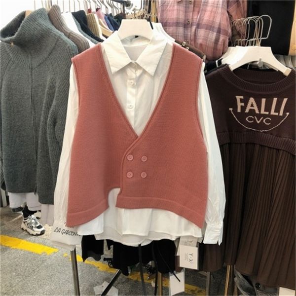 

female clothes 2021 spring new korean style loose long sleeve + low-cut v-knit waistcoat two suit ladies'garments 9wju, Gray