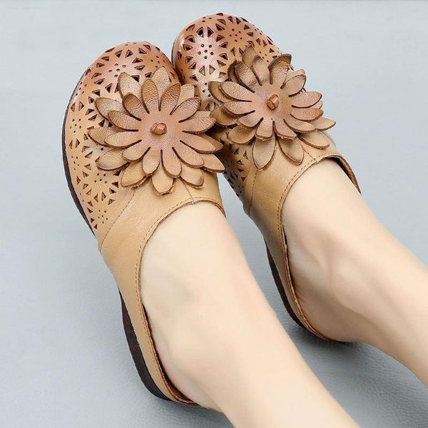 

slippers vintage genuine leather women summer shoes flat retro slip on floral hollow large size sandal sandalias mujer 43, Black
