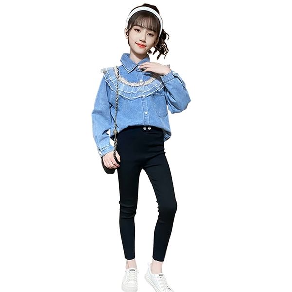 

kids clothes girls denim blouse + pants suit for patchwork costume girl spring autumn children's tracksuit 210528, White