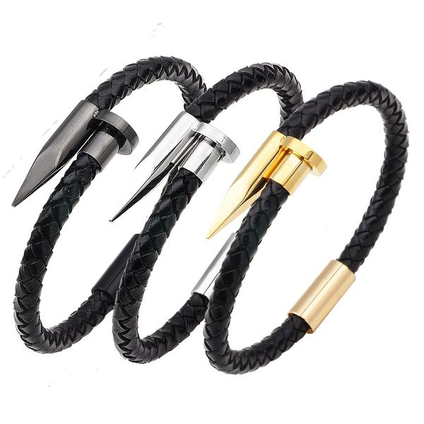 

nimei stainless steel nail bracelet braided with leather, Black