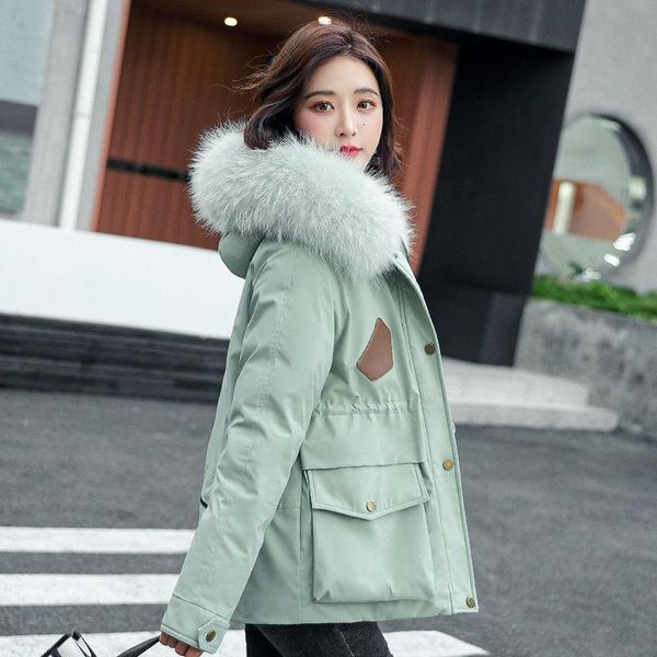 

women's down & parkas short cotton liner parka solid color winter jacket women 2021 big pocket with fur collar ladies casual hooded coa, Black