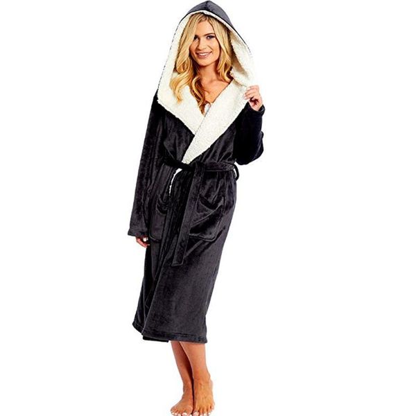 

women's sleepwear thicken hooded long robe gown bathrobe for women flannel nightgown loose winter warm nightwear lingerie, Black;red