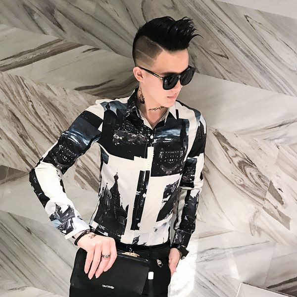 

casual british male style printed long sleeve shirts 2021 new lean spring fit streetwear blouse homme all the selling games l0y3, White;black