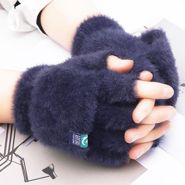 

five fingers gloves 1pair student open fingered flip keep warm in winter female plush outdoor thickened to prevent cold, Blue;gray