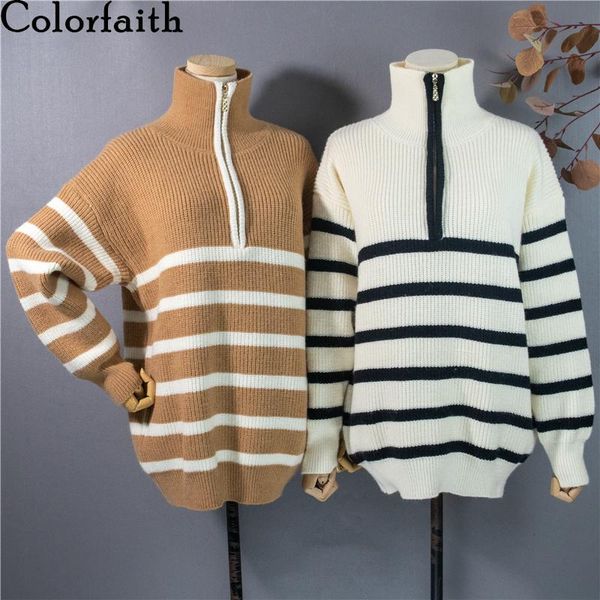 

colorfaith new 2021 autumn winter women's sweaters pullover turtleneck striped thicken warm oversize vintage lady sw1234jx, White;black