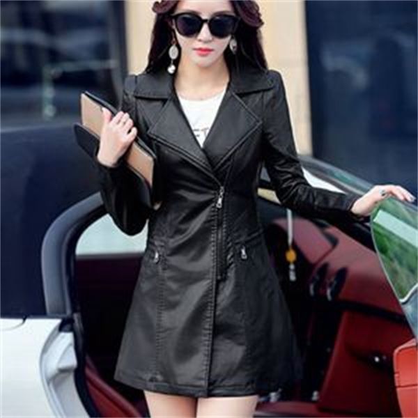 

large size fashion new spring long women's jacket slim pu leather trench hhqo, Black