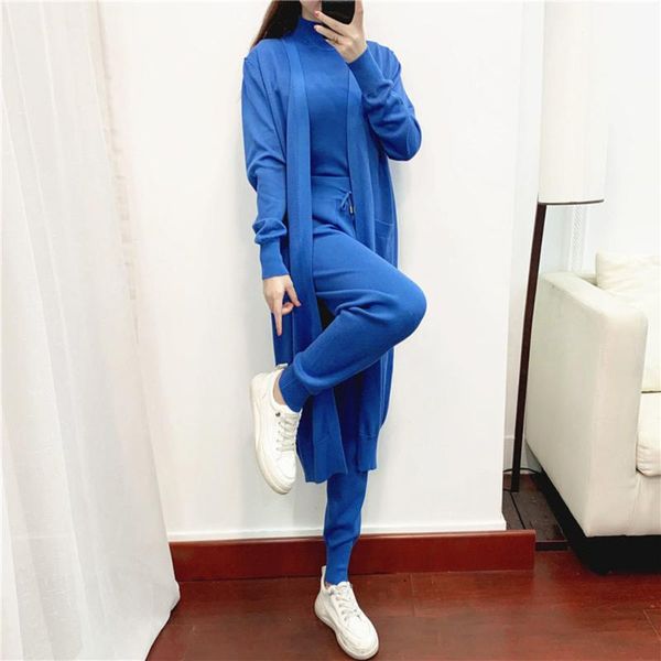 

women's two piece pants sweater suit female chic spring autumn 2021 fashion casual knitted vest + jacket trousers three-piece sets, White