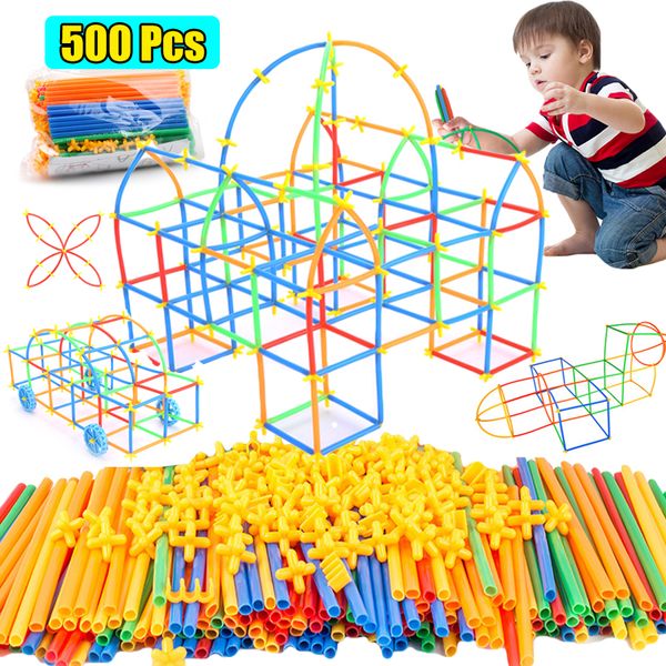 

4d diy straw blocks plastic stitching inserted construction assembled toy blocks bricks educational toys & hobbies for children