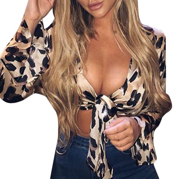 

women shirt leopart print flare sleeve bandage v-neckparty club tie up poleras de mujer moda roupas feminina, White