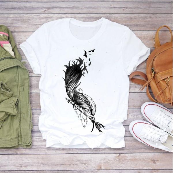 

women feather bird 90s cute short sleeve fashion print lady t shirts womens graphic t shirt female tee t shirt, White