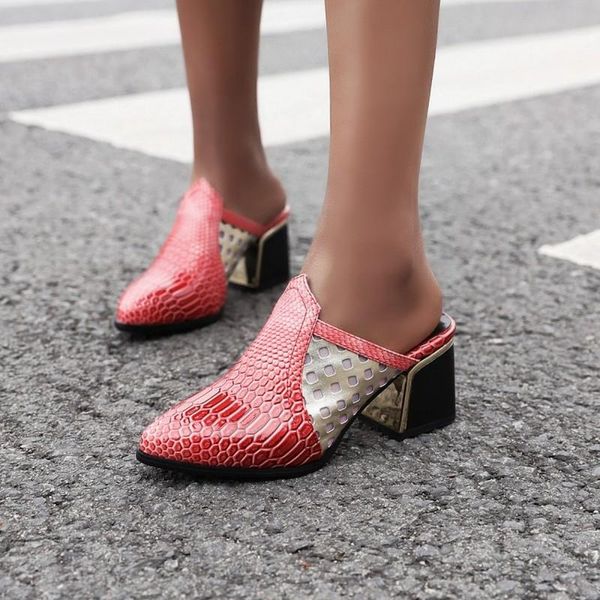 

dress shoes arrival summer patent leather women slipper pointed toe sewing hoof heels slides footwear fashion brand ladies mules, Black