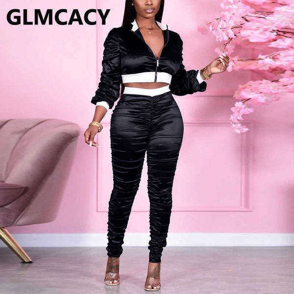 

women two piece casual tracksuits zipper crop & slim ruched pants set 210702, White