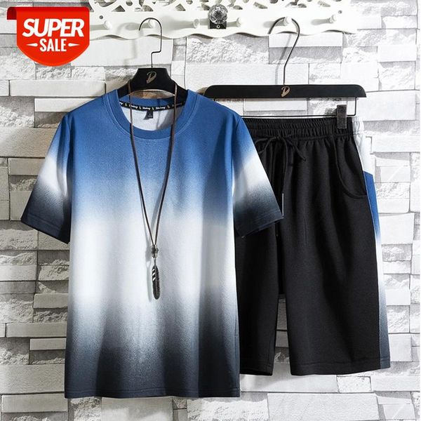 

new male tracksuit 2020 summer men's sets gradient print short sleeve t shirts+shorts two pieces sets male sportswears suits #lx16, Gray