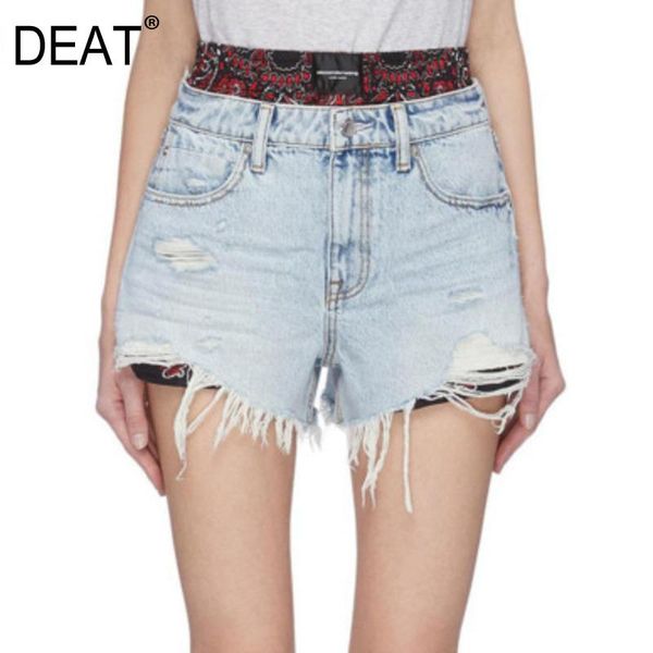 

women's shorts [deat] light blue pockets floral patchwork jeans leisure button tassel skinny fake two piece 2021 summer gx649, White;black