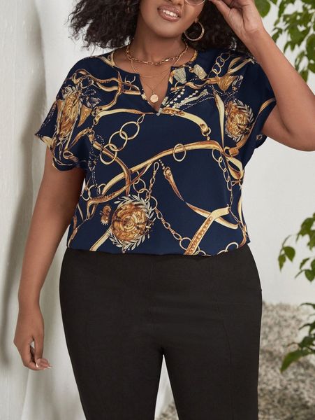 

plus chain print dolman sleeve v wired blouse i8at#, Black