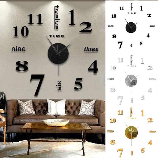 

wall clocks frameless diy mute clock 3d mirror surface sticker home office decor 12-hour display with time mark