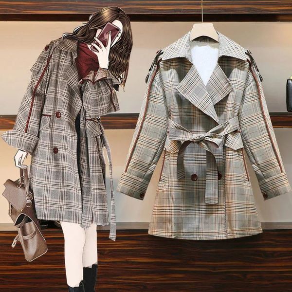 

women's trench coats plus size fashion women coat 2022 spring autumn outerwear retro plaid blazer vintage loose windbreaker female, Tan;black