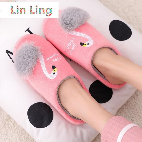 

women winter house slippers 2021 new cute flamingo non-slip soft fur plush warm indoor bedroom home shoes ladies furry slides, Black