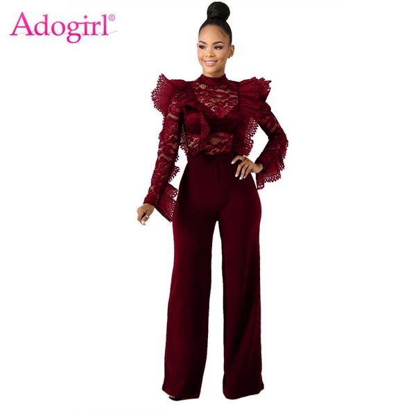 

women's jumpsuits & rompers adogirl ruffle sheer lace loose jumpsuit o neck long sleeve romper wide leg pants women night club party ov, Black;white